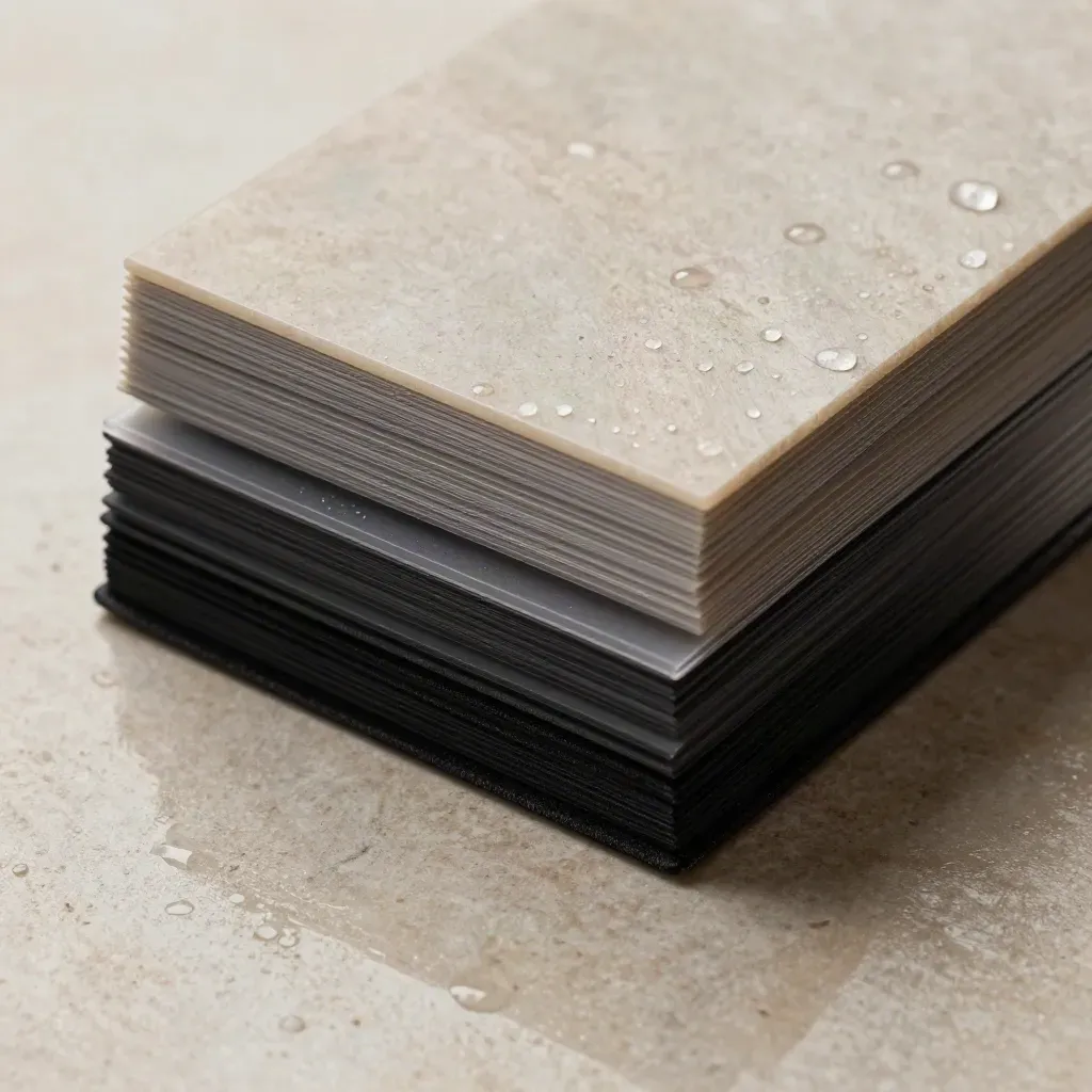 Macro of black soft-touch sleeves and acetate dividers resting on wet stone with droplets