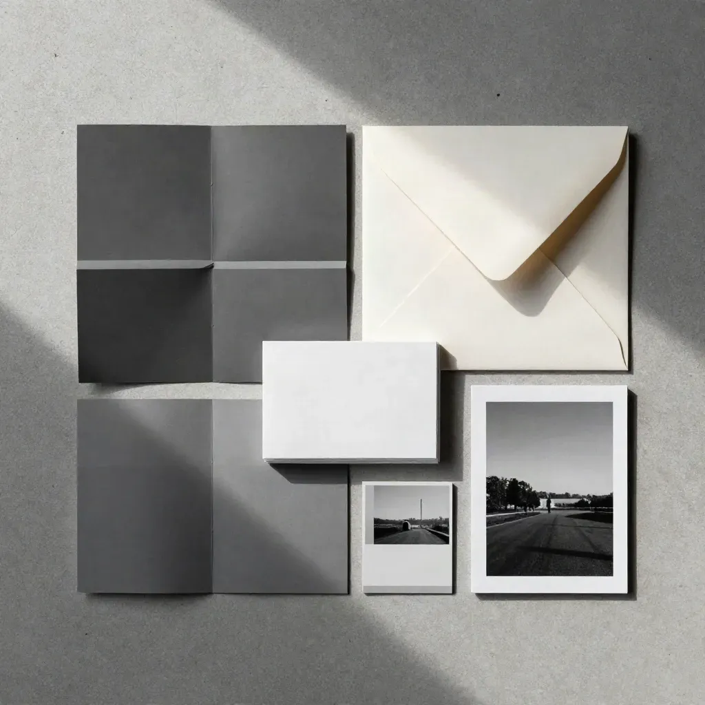 Overhead flatlay of outreach pack papers, sleeves, and face-down press images on concrete.