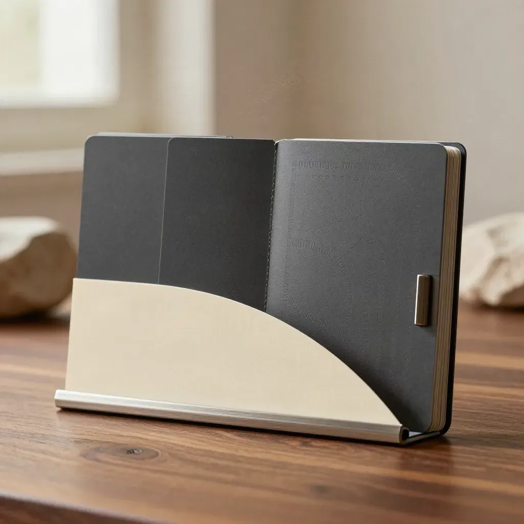 Charcoal campaign deck with proof cards, metal clip and paper swatch on warm walnut.