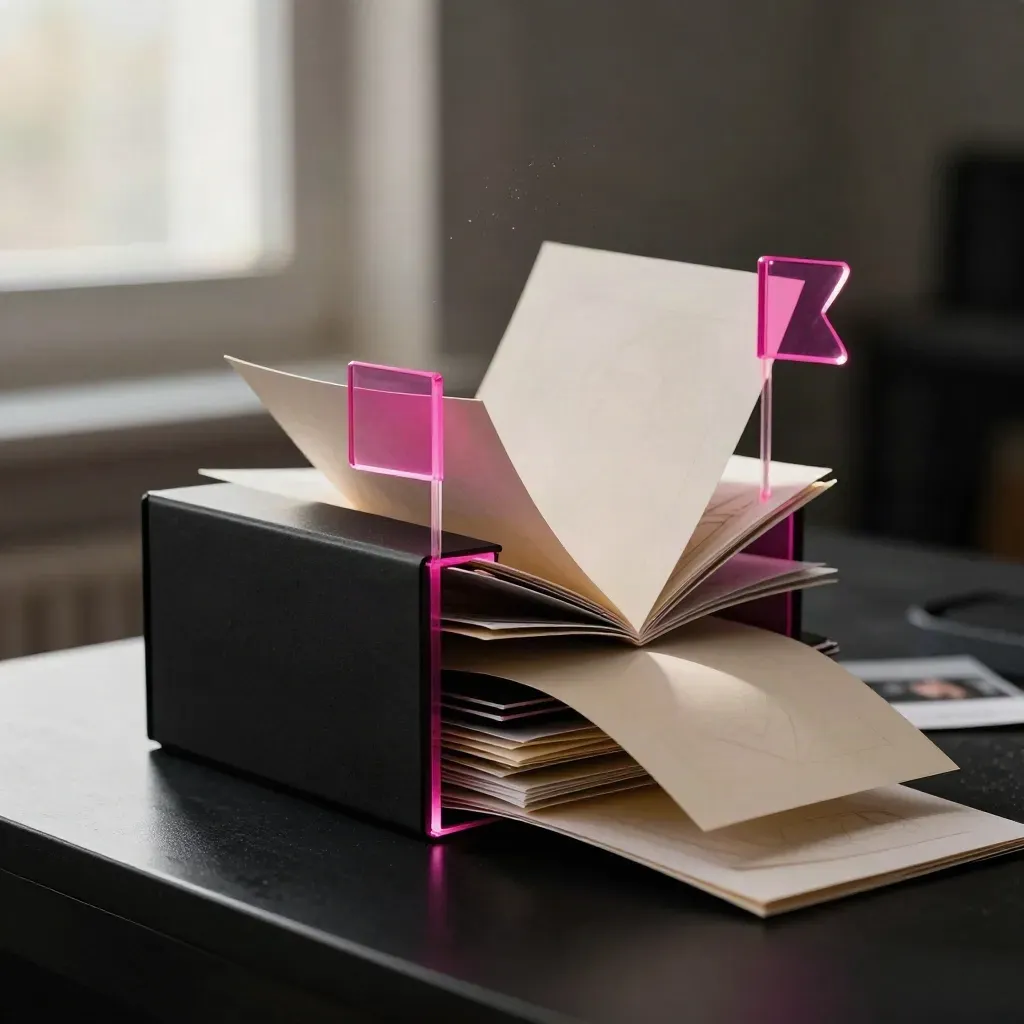 Stacked launch bundle box with storyboard cards, phone mount and pink acrylic flags