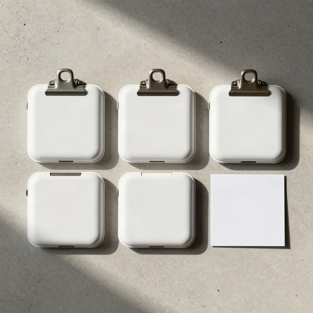 Three white clip cases, storyboard strip, and folded card on pale concrete in a precise overhead flatlay.