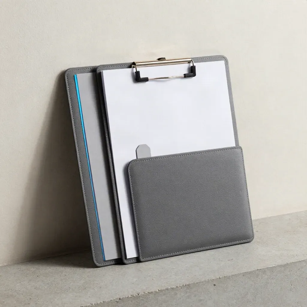 Charcoal folio, blank packet, clip and divider card leaning against a pale wall in soft light